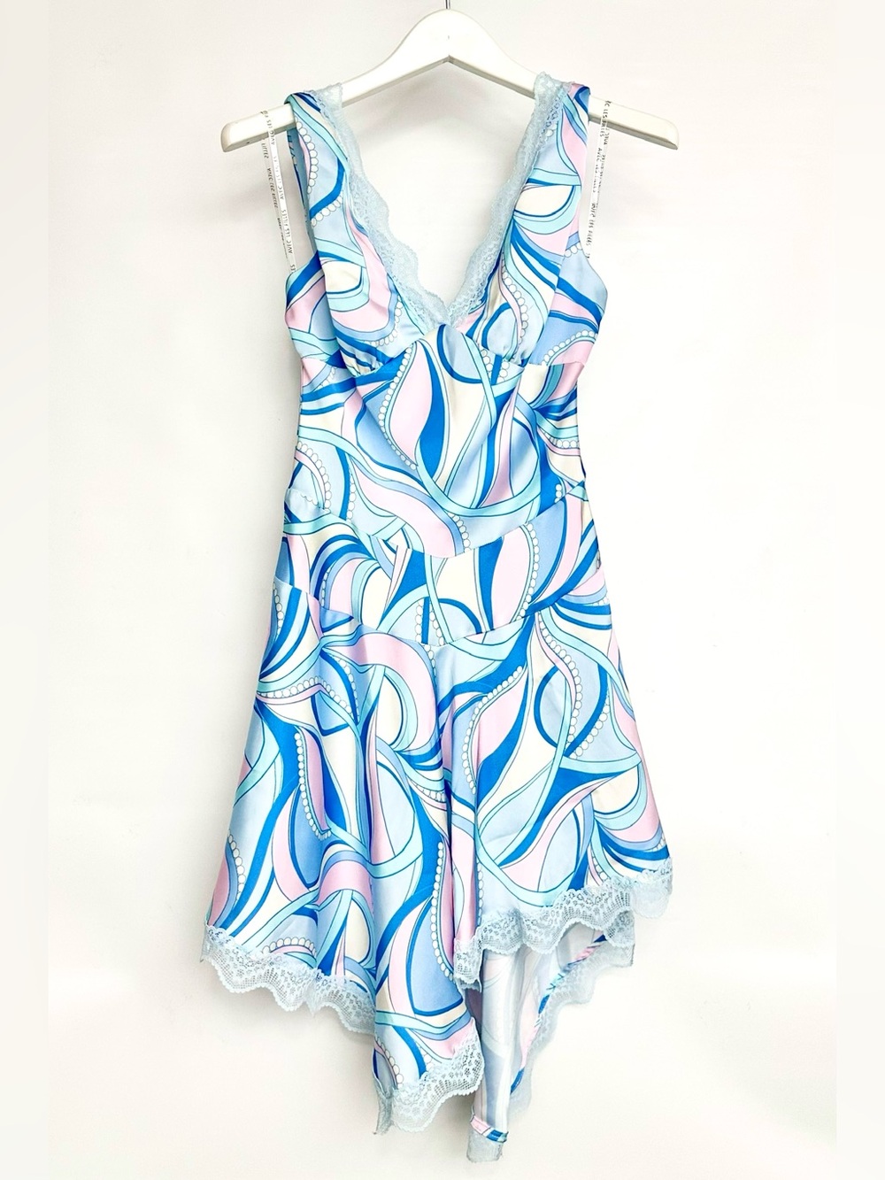 LAST-CALL✨ Avec Les Filles Paisley Satin Lace Trim Bias Mini Dress in mermaid